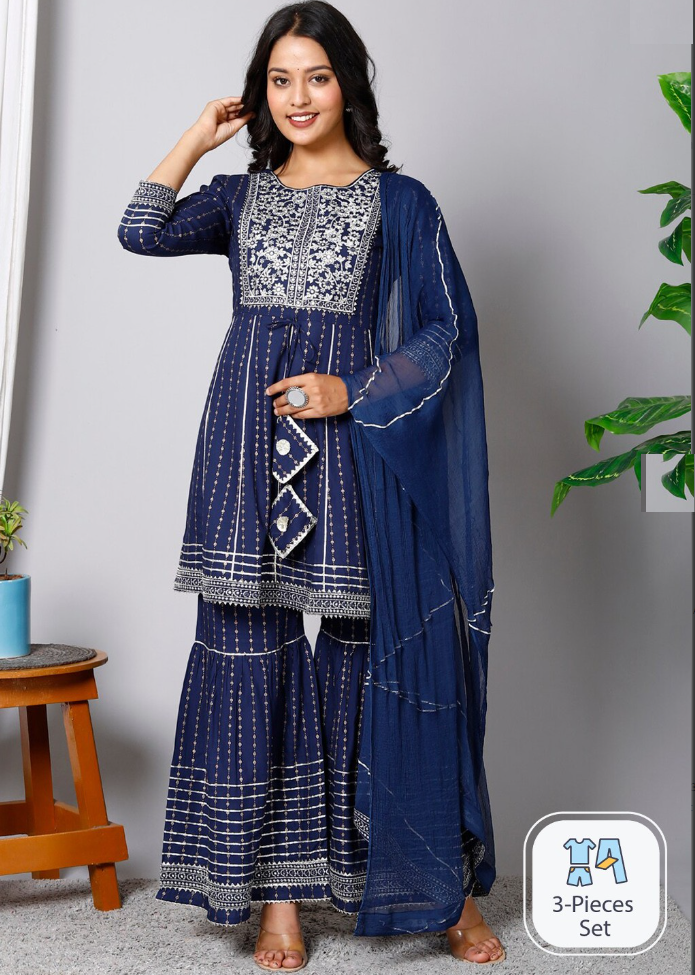 Floral Printed Gotta Patti Kurta & Sharara With Dupatta