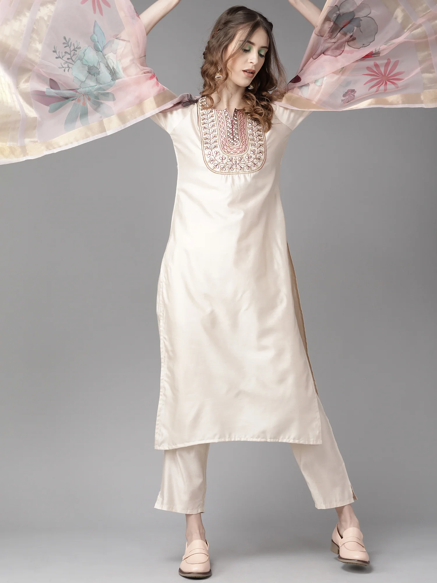 Off White Embroidered Straight Kurta Trouser With Dupatta Set