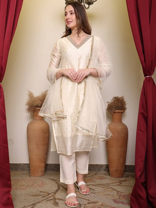 Floral Woven Design V-Neck Straight Kurta With Trouser & Dupatta