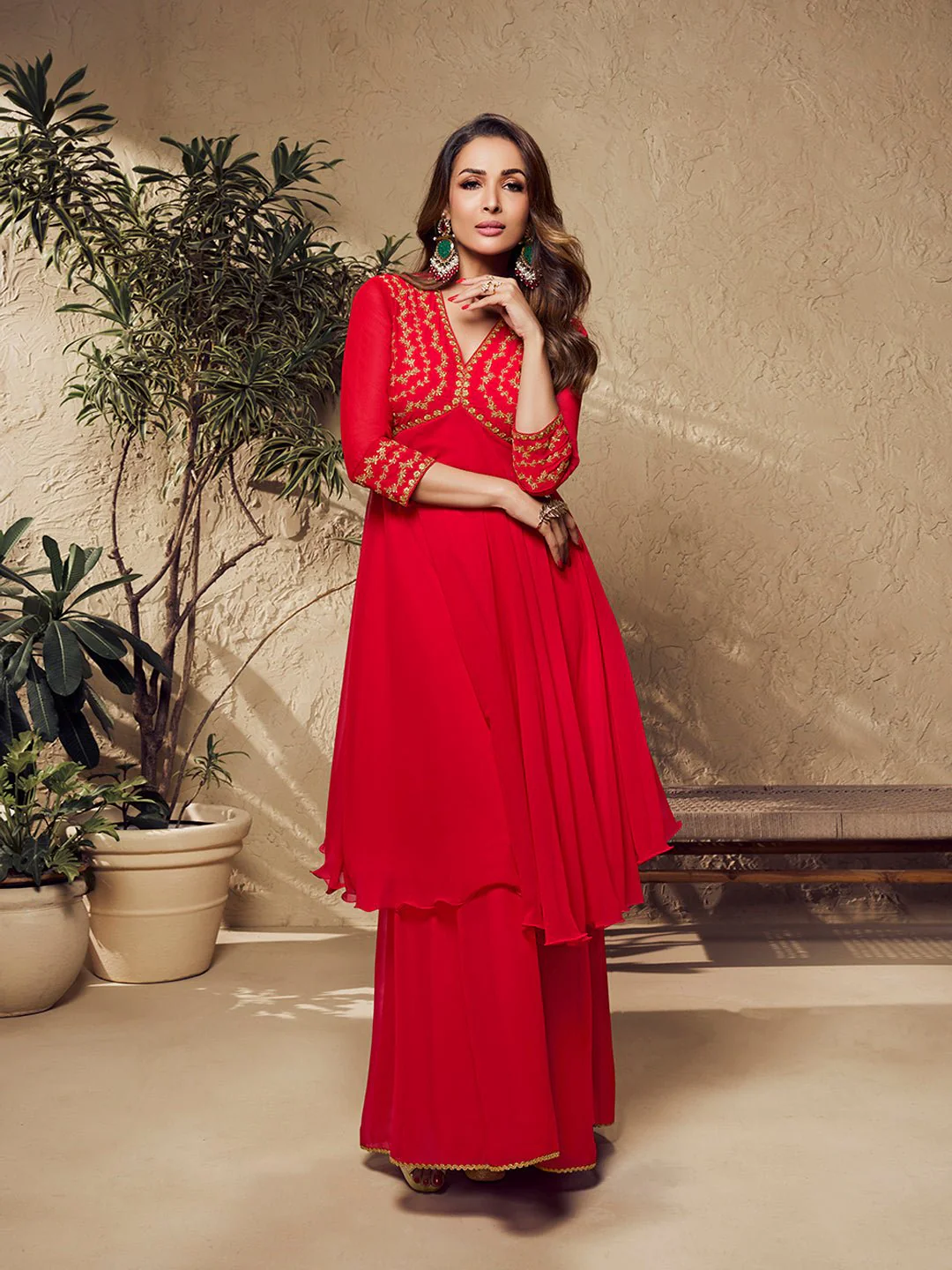 Red Zari Embroidered Flared Kurta with Sharara