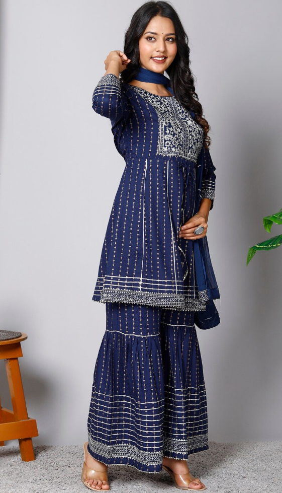 Floral Printed Gotta Patti Kurta & Sharara With Dupatta