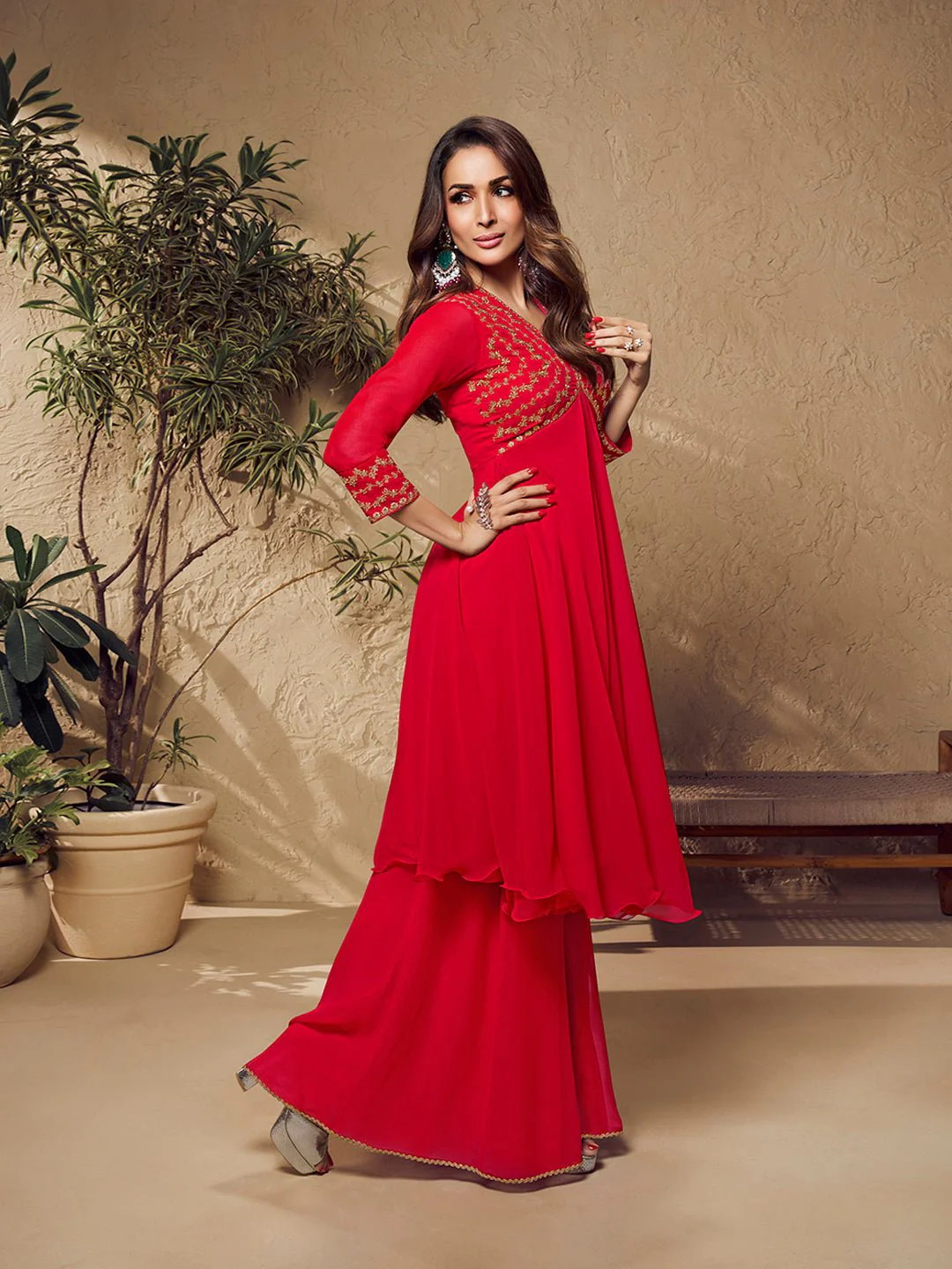 Red Zari Embroidered Flared Kurta with Sharara