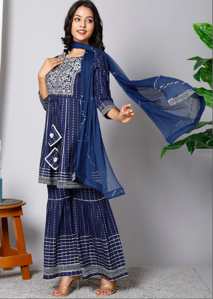 Floral Printed Gotta Patti Kurta & Sharara With Dupatta