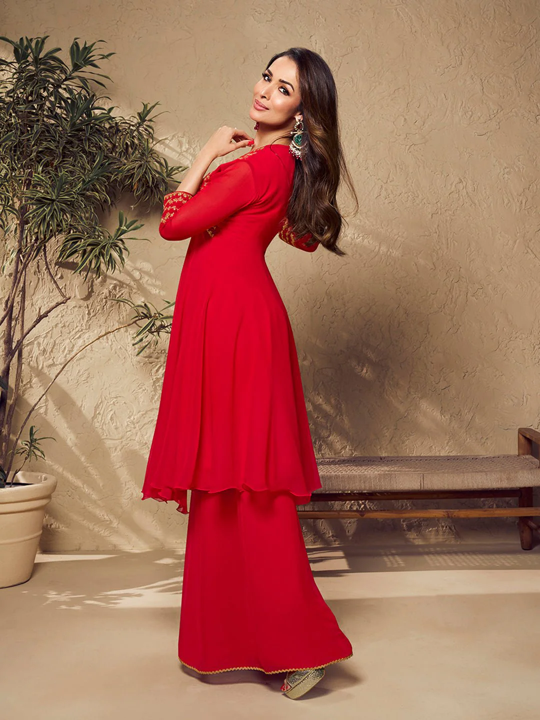 Red Zari Embroidered Flared Kurta with Sharara