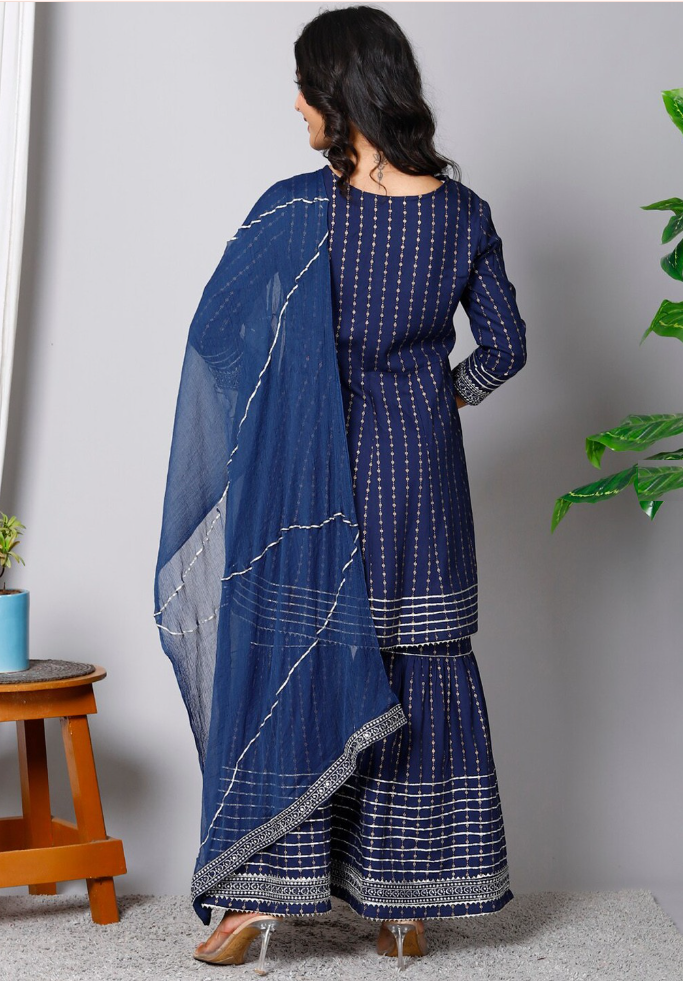 Floral Printed Gotta Patti Kurta & Sharara With Dupatta