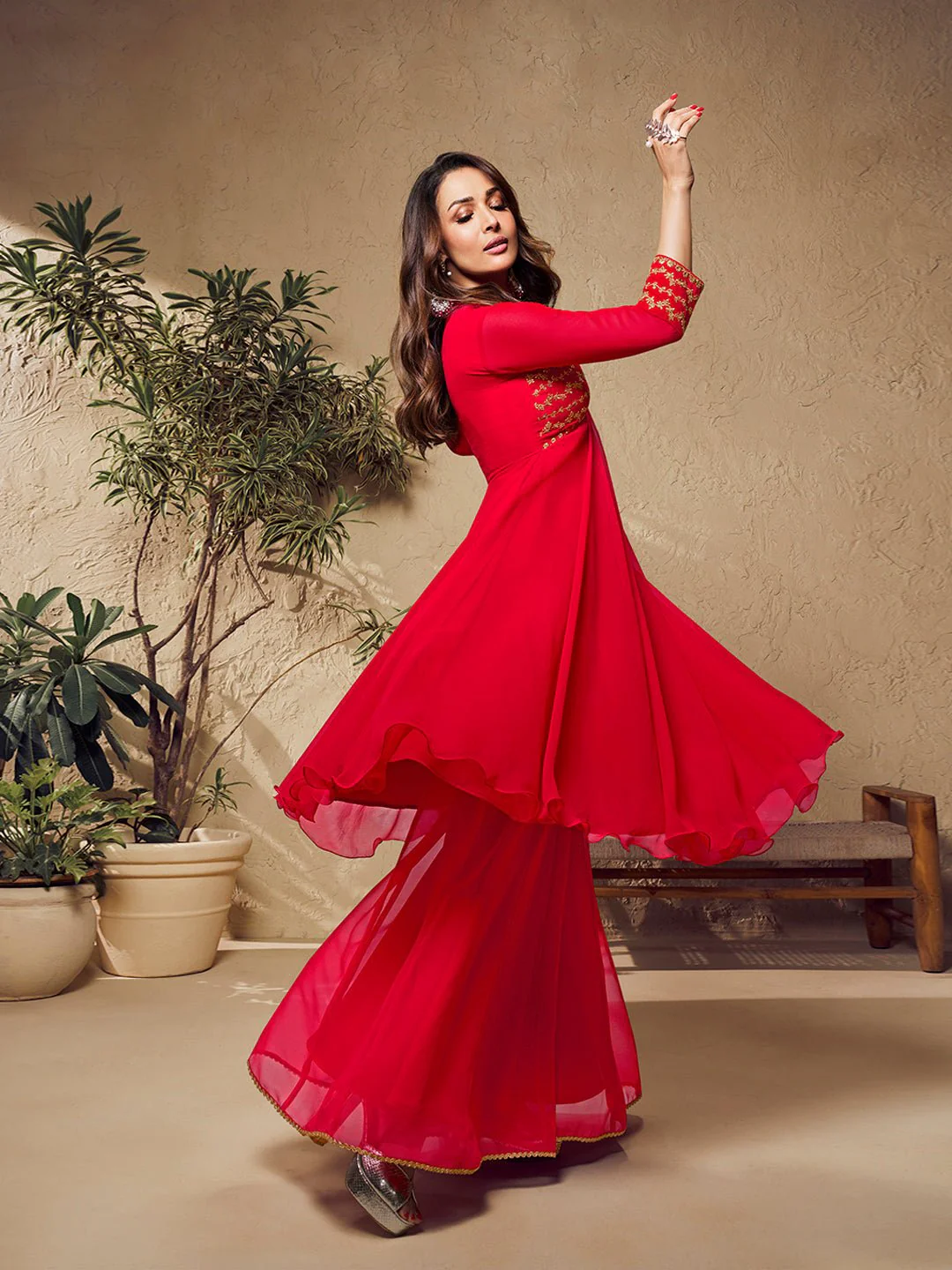 Red Zari Embroidered Flared Kurta with Sharara