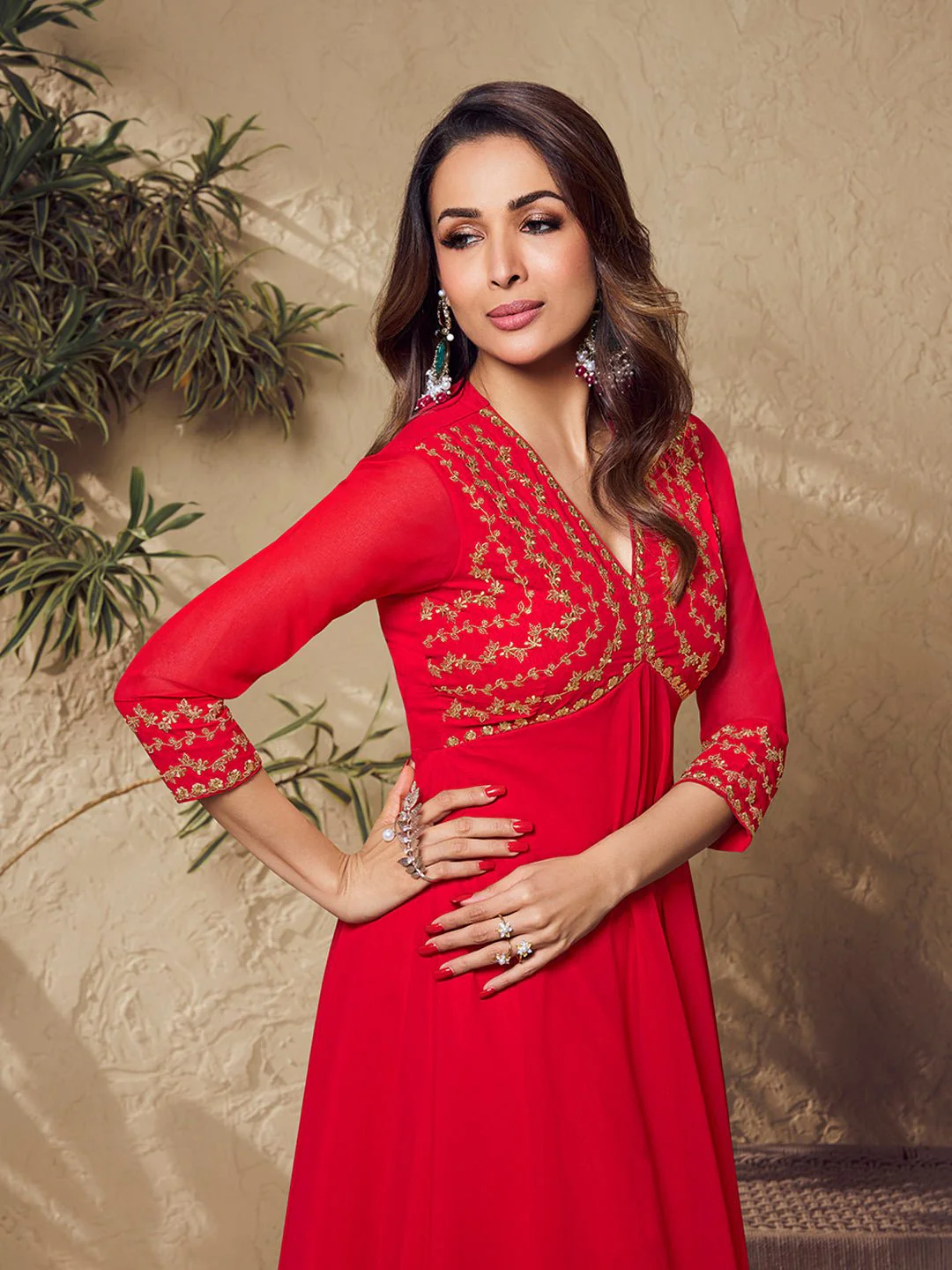 Red Zari Embroidered Flared Kurta with Sharara