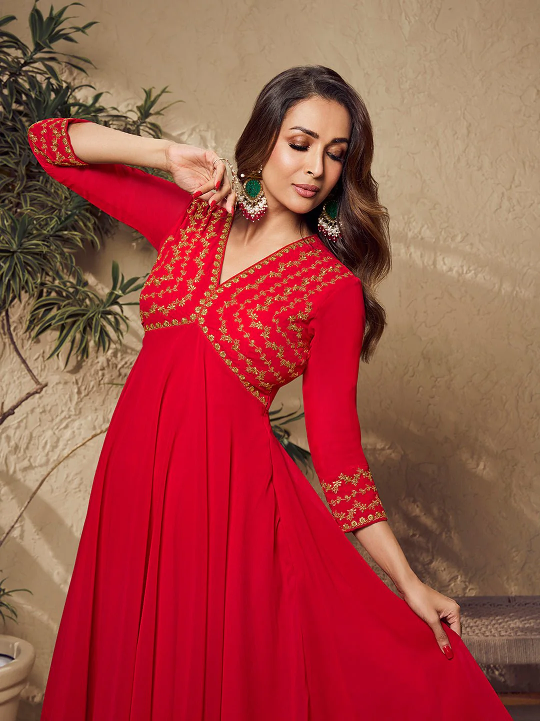 Red Zari Embroidered Flared Kurta with Sharara