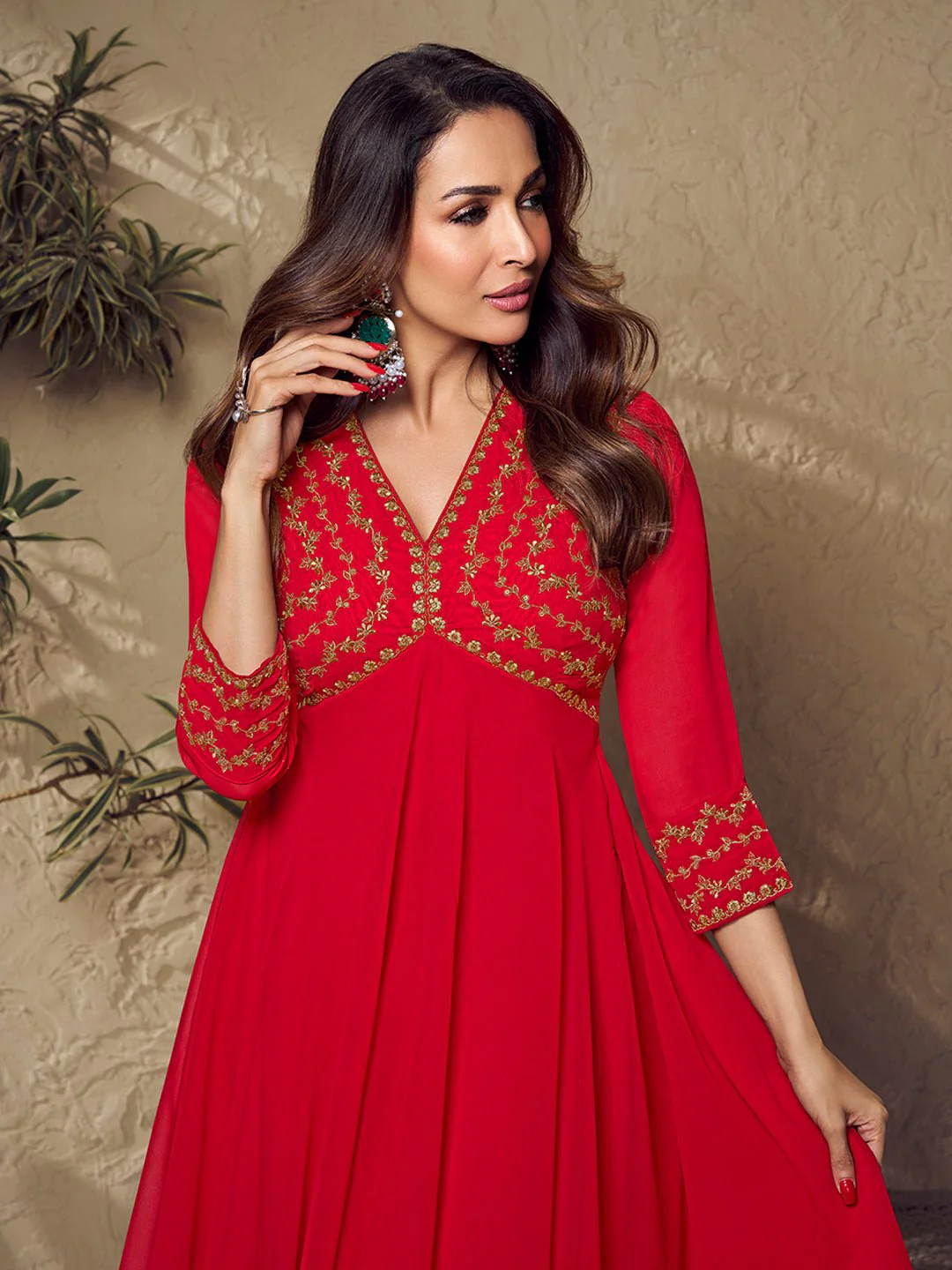 Red Zari Embroidered Flared Kurta with Sharara