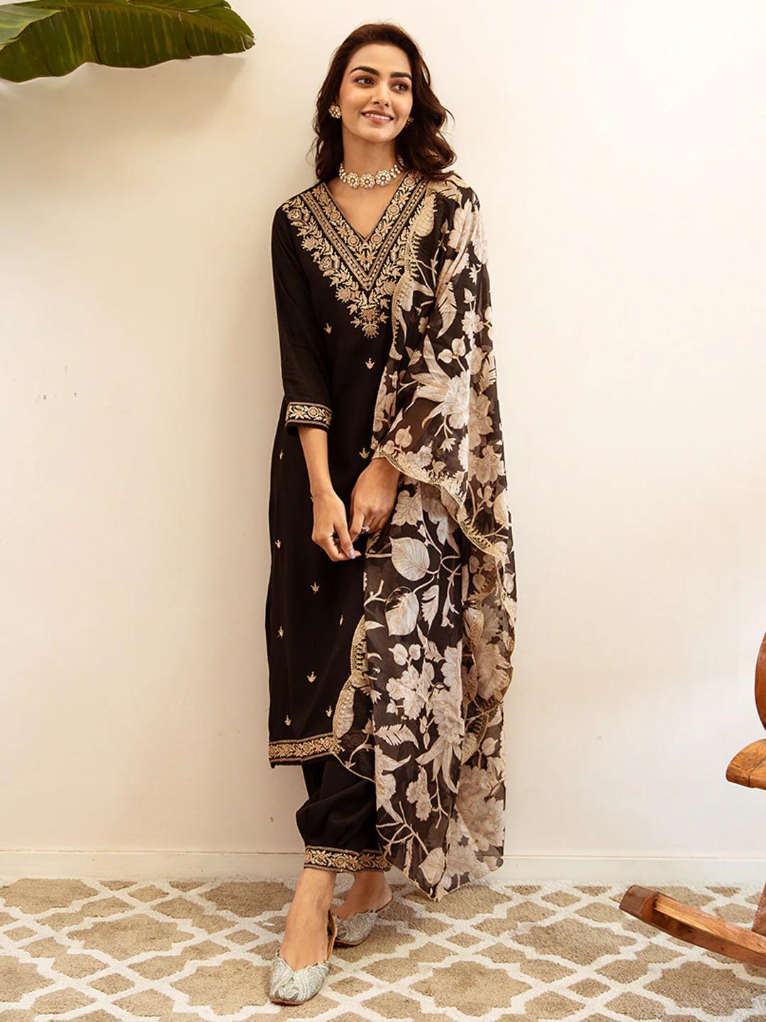 Black Embroidered Straight Kurta Salwar With Dupatta set