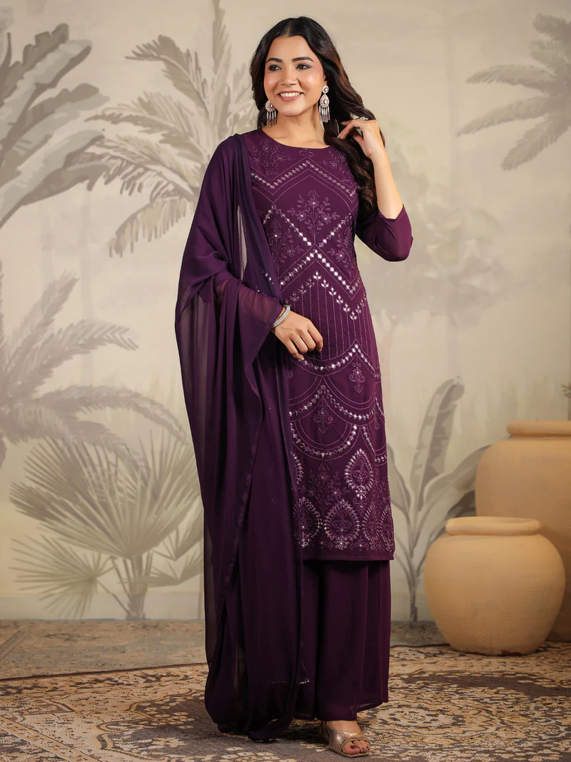 Purple Georgette Mirror Work Embroidered Straight Kurta With Palazzo Set