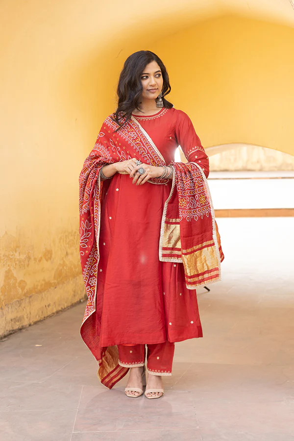 Red Chanderi Embroidered Three Kali Bandhani Dupatta Suit Set