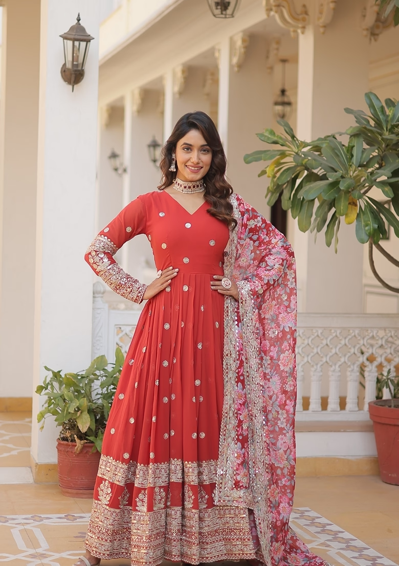 Orange Embroidered Georgette Anarkali Kurta With Dupatta