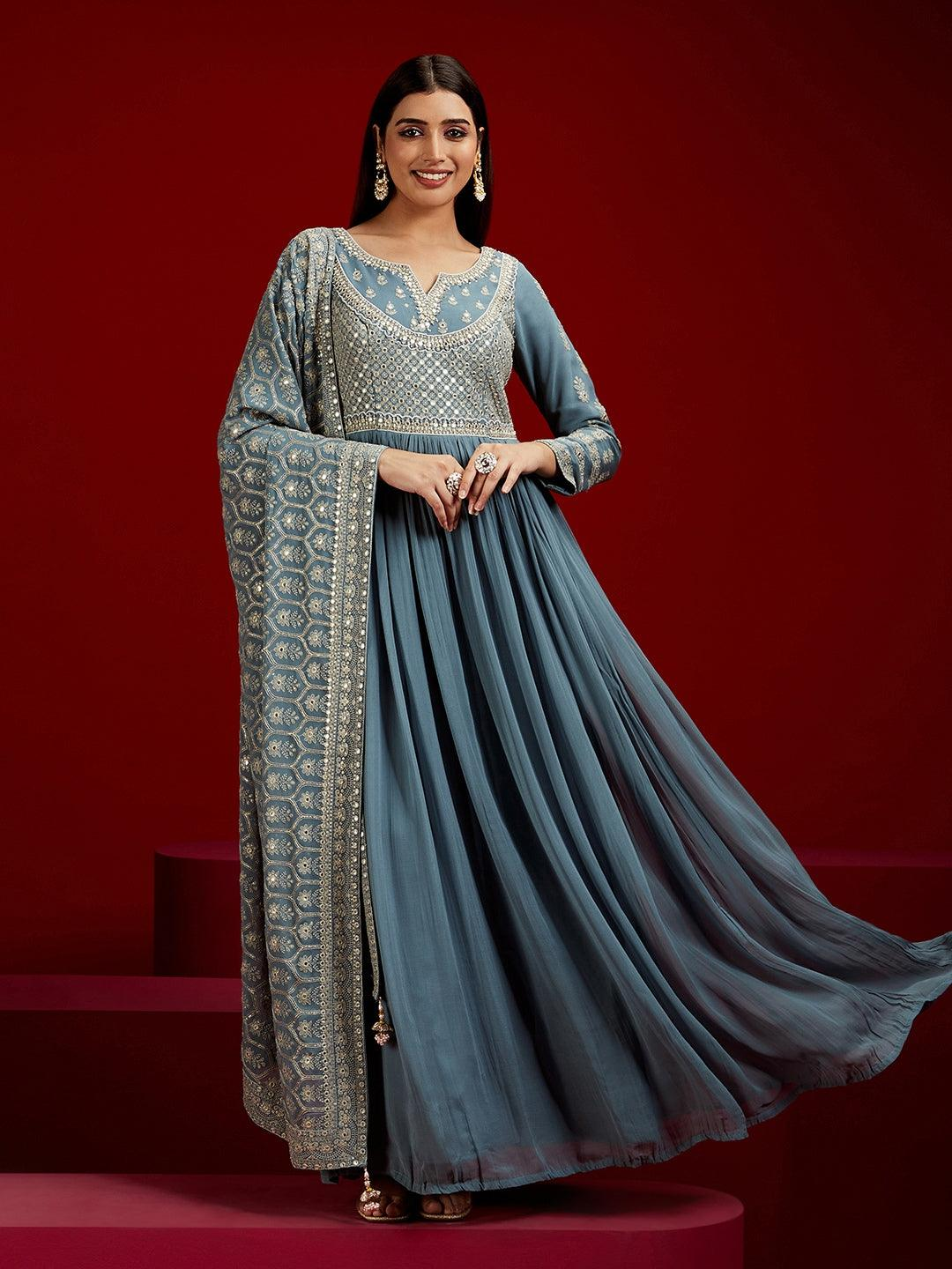 Grey Yoke Design Georgette A-Line Kurta With Trousers & Dupatta