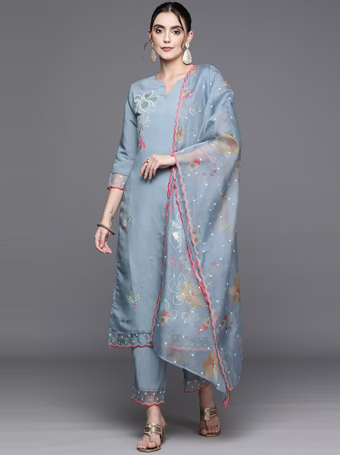 Blue Embroidered Kurta Pant Set With Dupatta