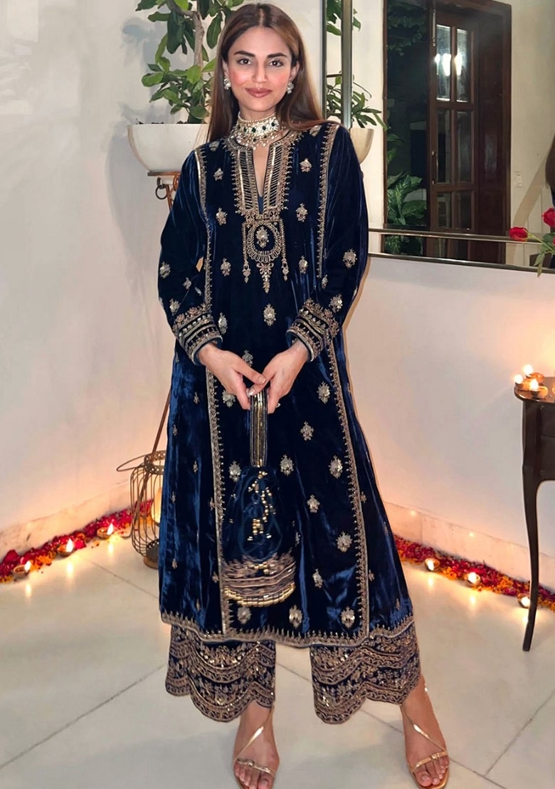 Blue Embroidered Velvet Kurta Set