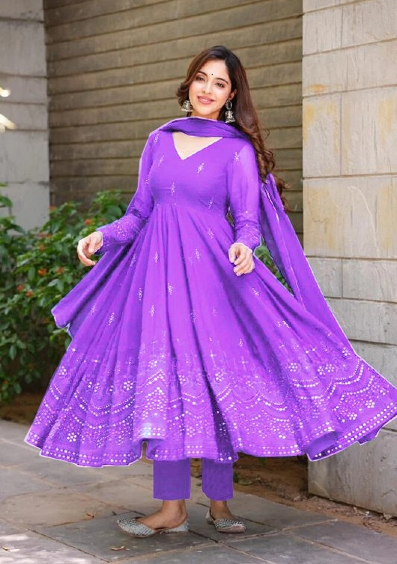 Purple Embroidered Georgette Anarkali Set