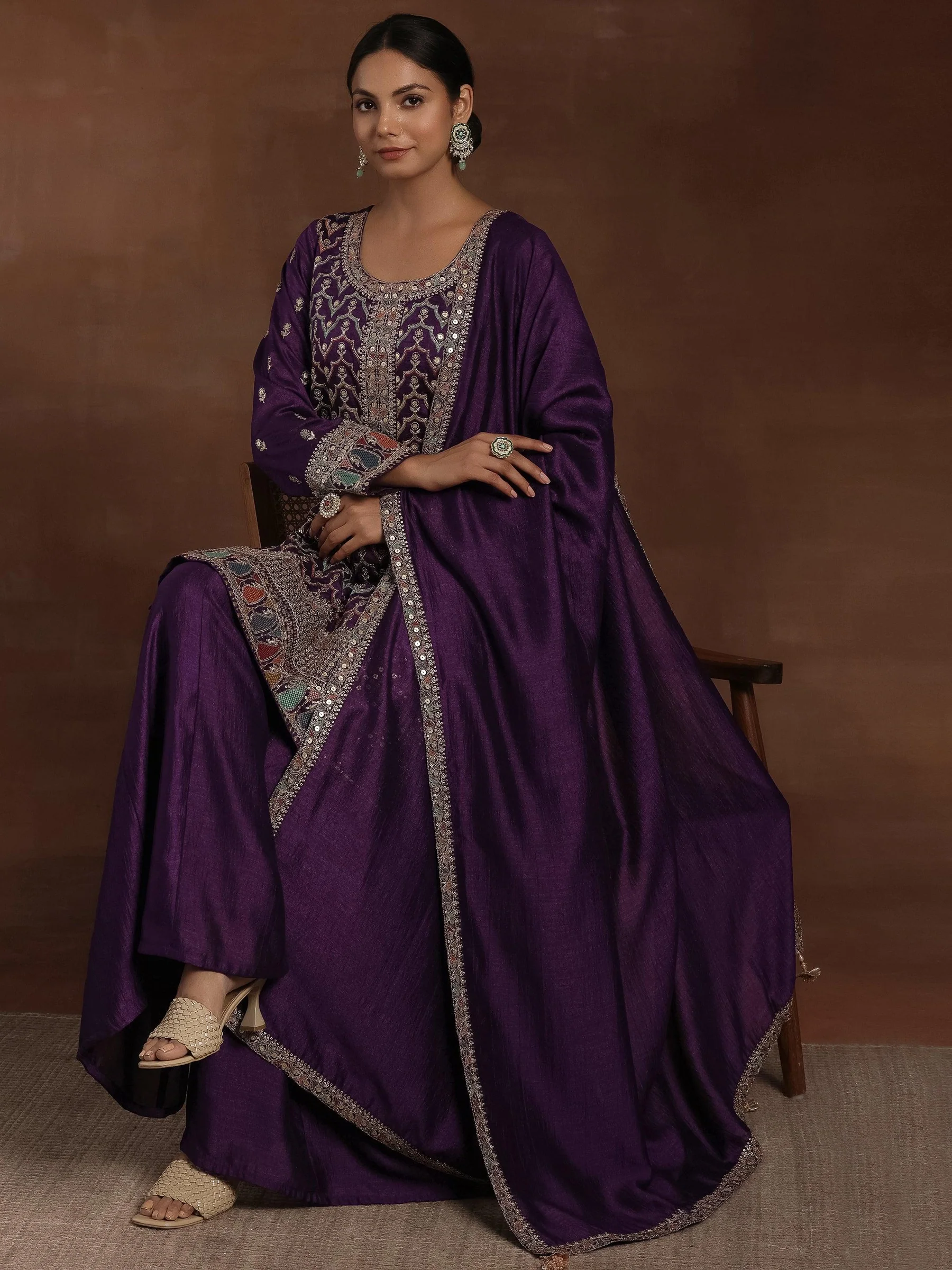 Purple Embroidered Silk Blend Straight Kurta With Palazzos & Dupatta