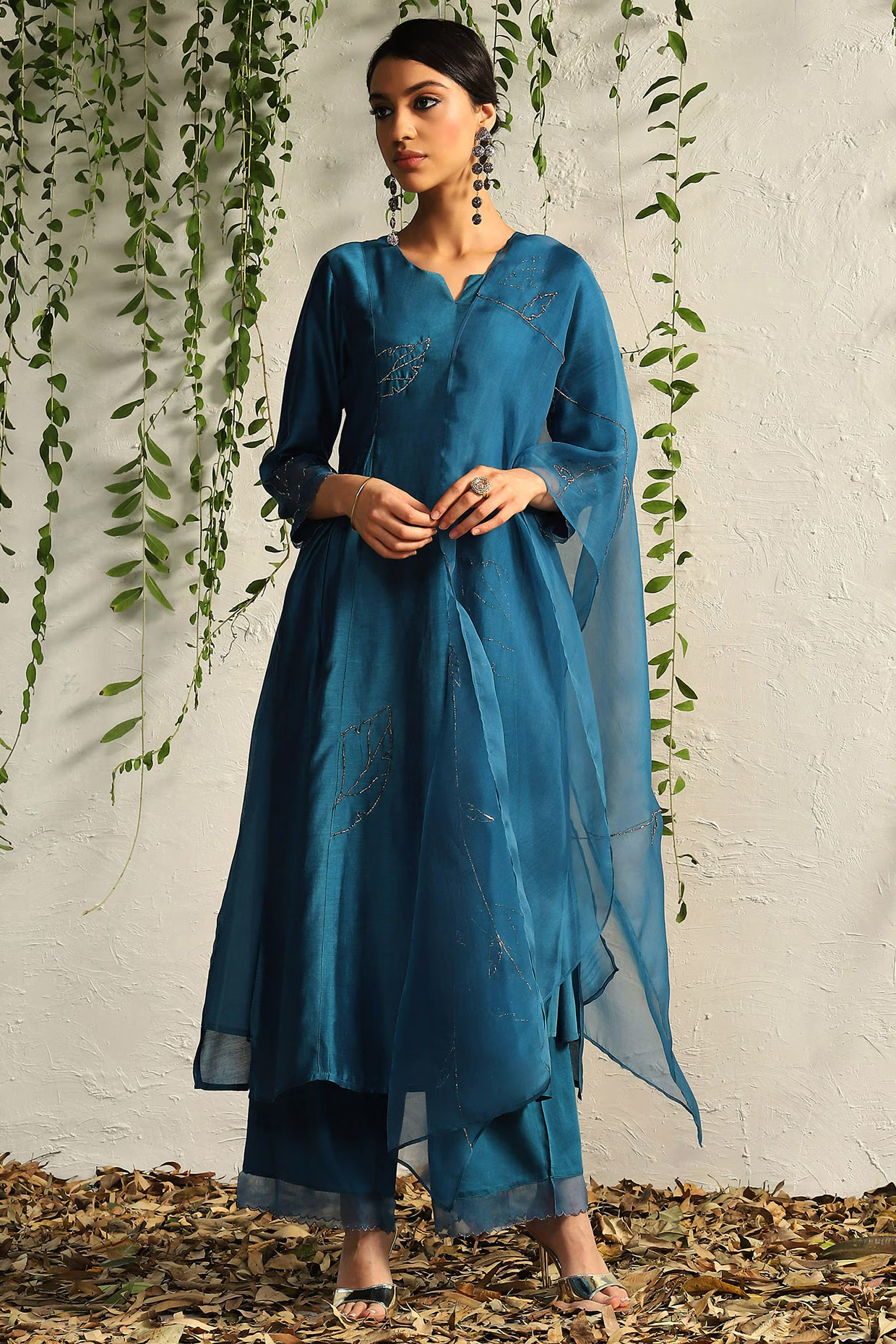 True Blue Chanderi Embroidered Kurta Set