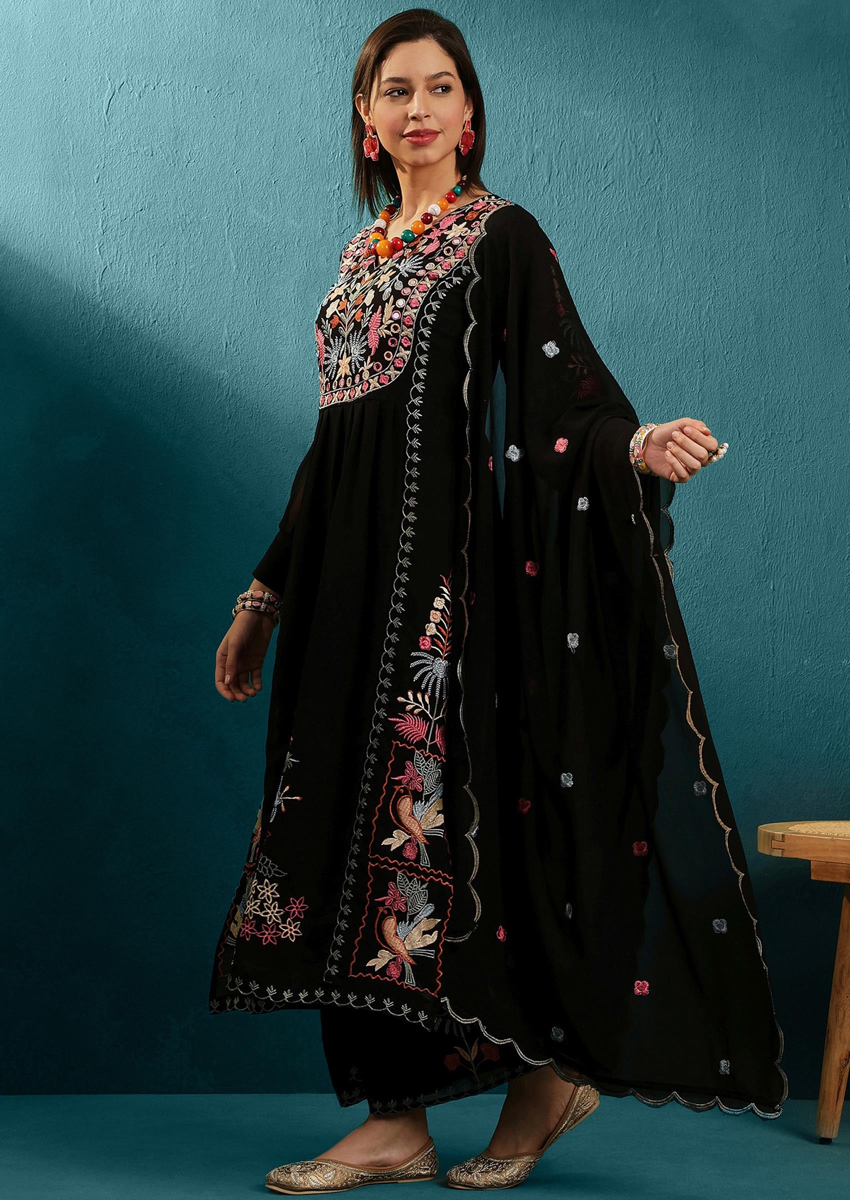 Black Mirror Thread Embroidered Georgette Kurta Set