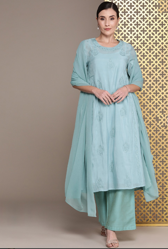 Floral Chikankari Embroidered flared Jashn Kurta with Palazzo & Dupatta