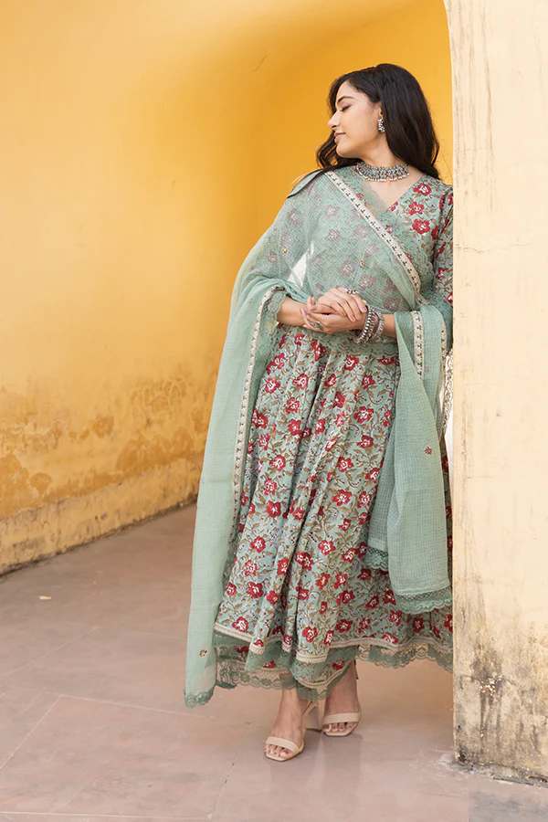 The Green Red Handblock Anarkali Set With Doriya Dupatta