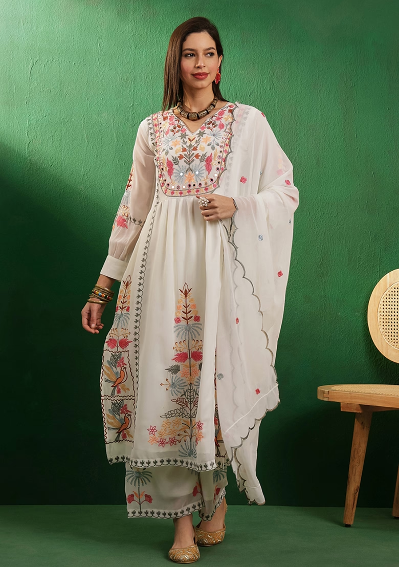 Off White Mirror Thread Embroidered Georgette Kurta Set