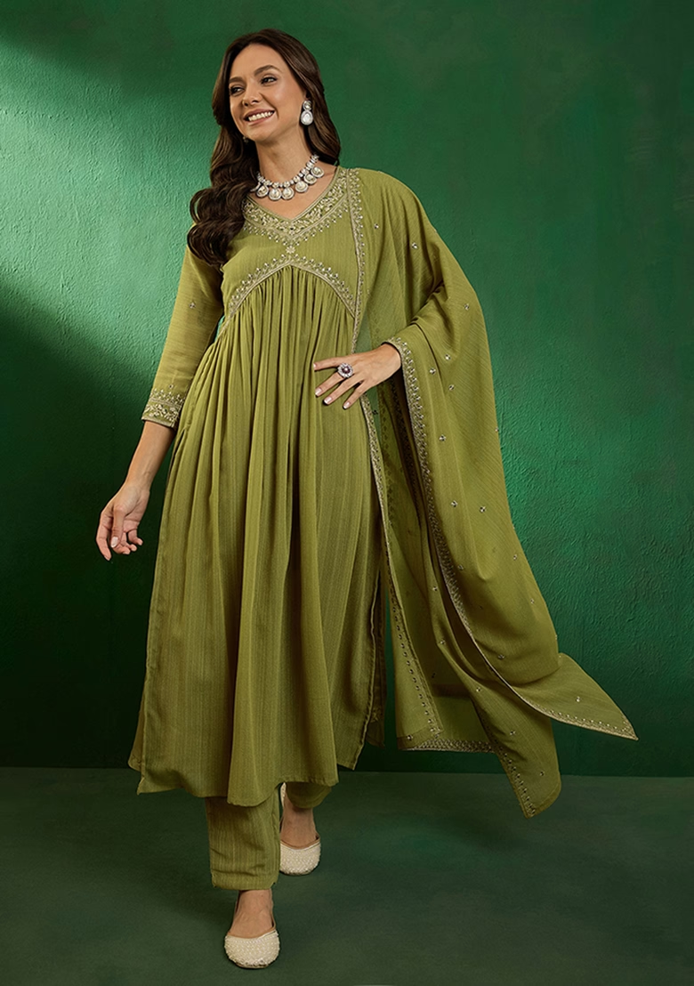 Mehendi Zari Sequin Embroidered Georgette Kurta Set