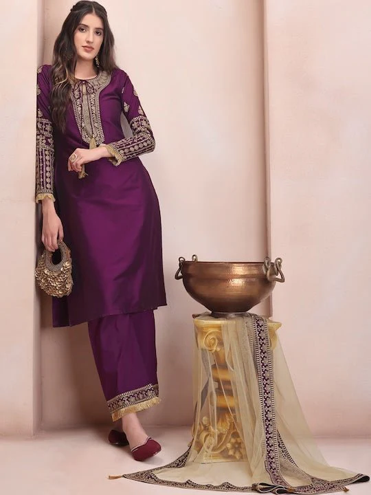 Purple Ethnic Motifs Embroidered Kurta & Trousers With Dupatta