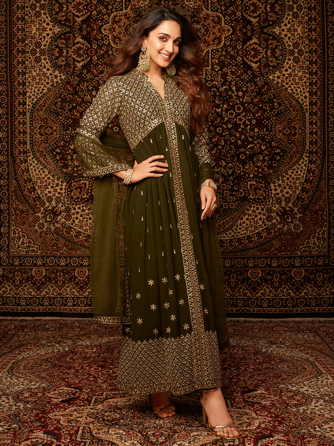 Olive Embroidered Georgette A-Line Kurta With Trousers & Dupatta