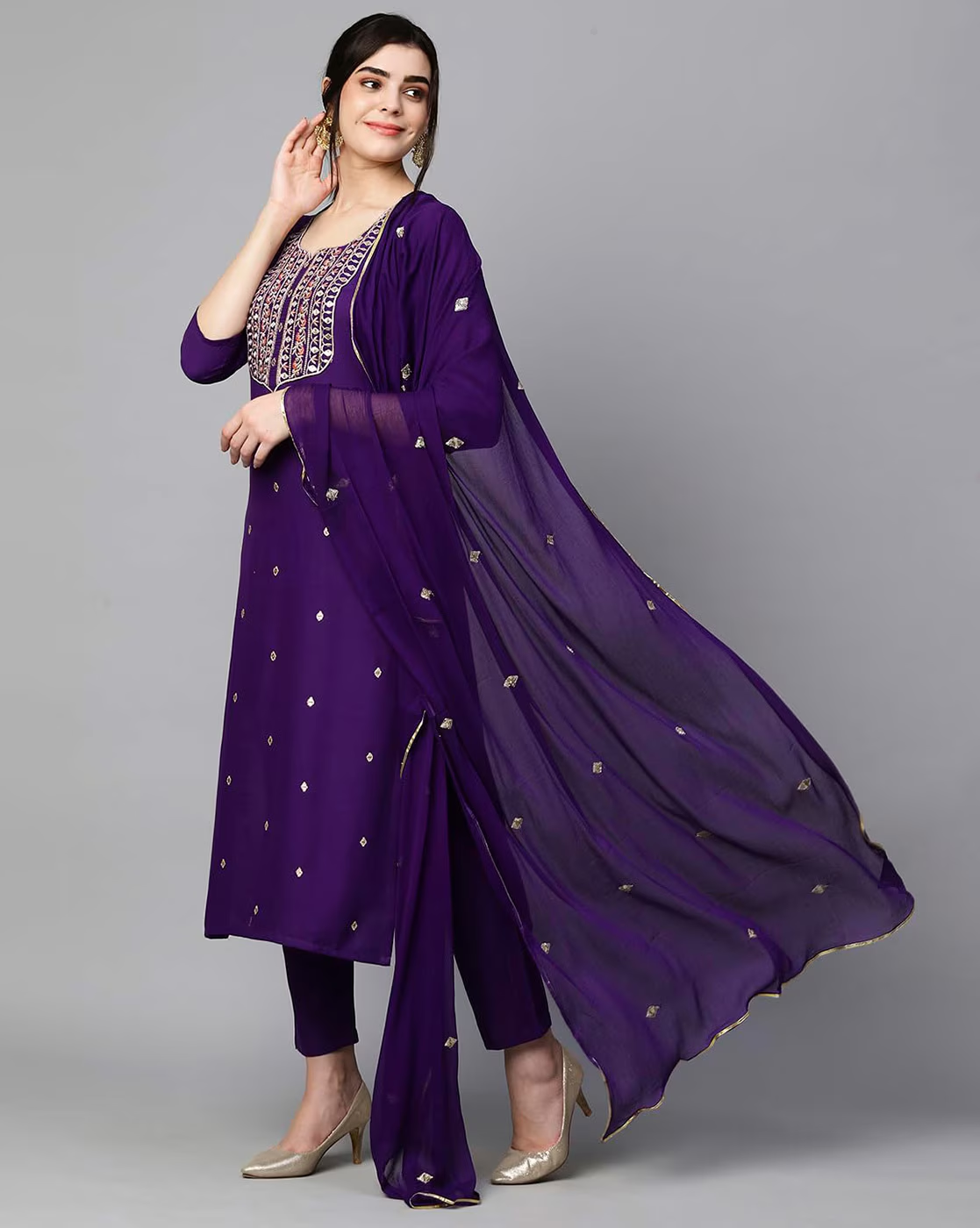 Women Embroidered Straight Kurta & Pants with Dupatta