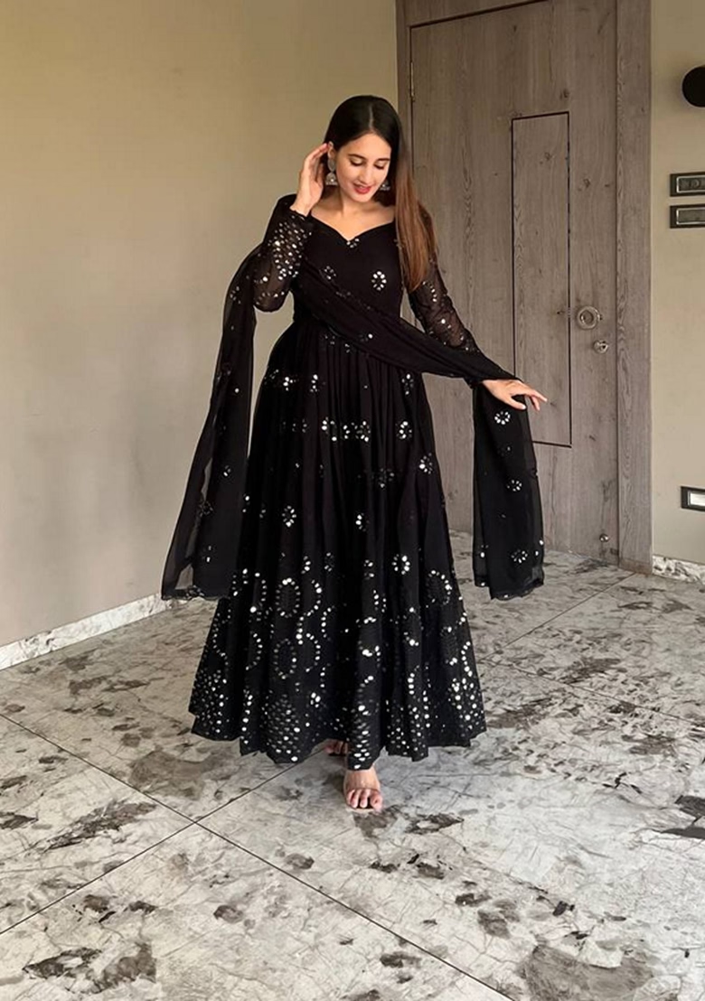 Black Embroidered Georgette Anarkali Set