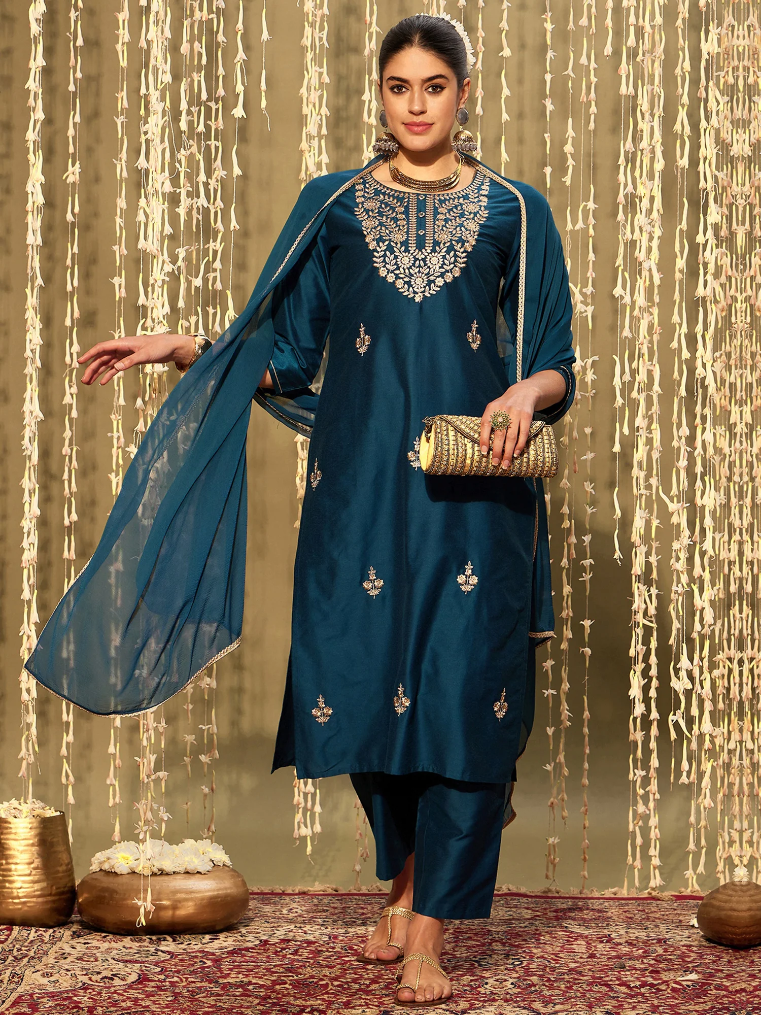 Teal Embroidered Straight Kurta Trousers With Dupatta set