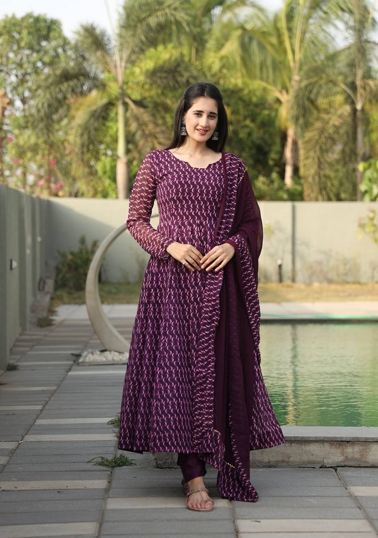 Wine Embroidered Georgette Anarkali Set