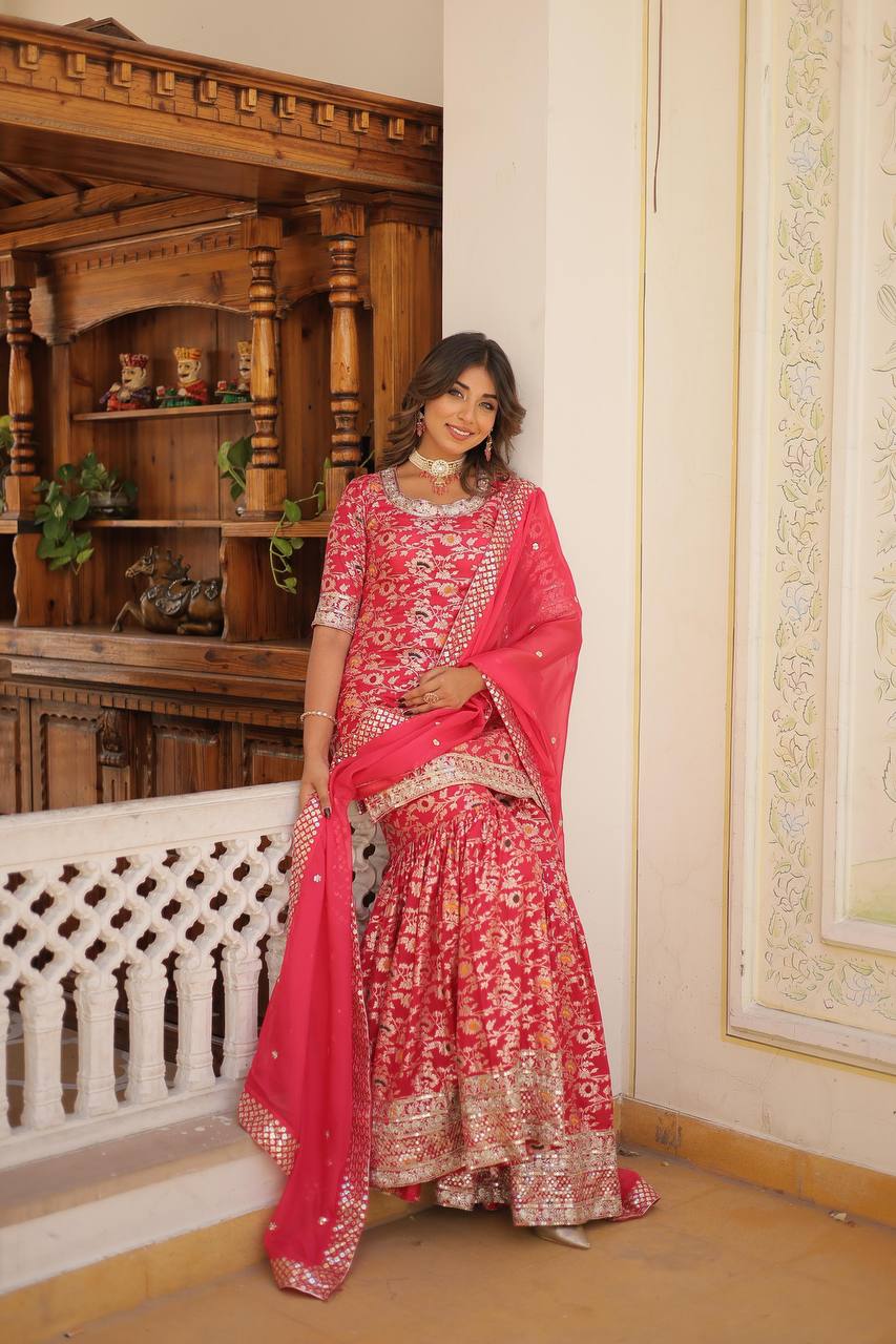 PINK PREMIUM DESIGNER READYMADE TOP-GHARARA-DUPATTA COLLECTIONS