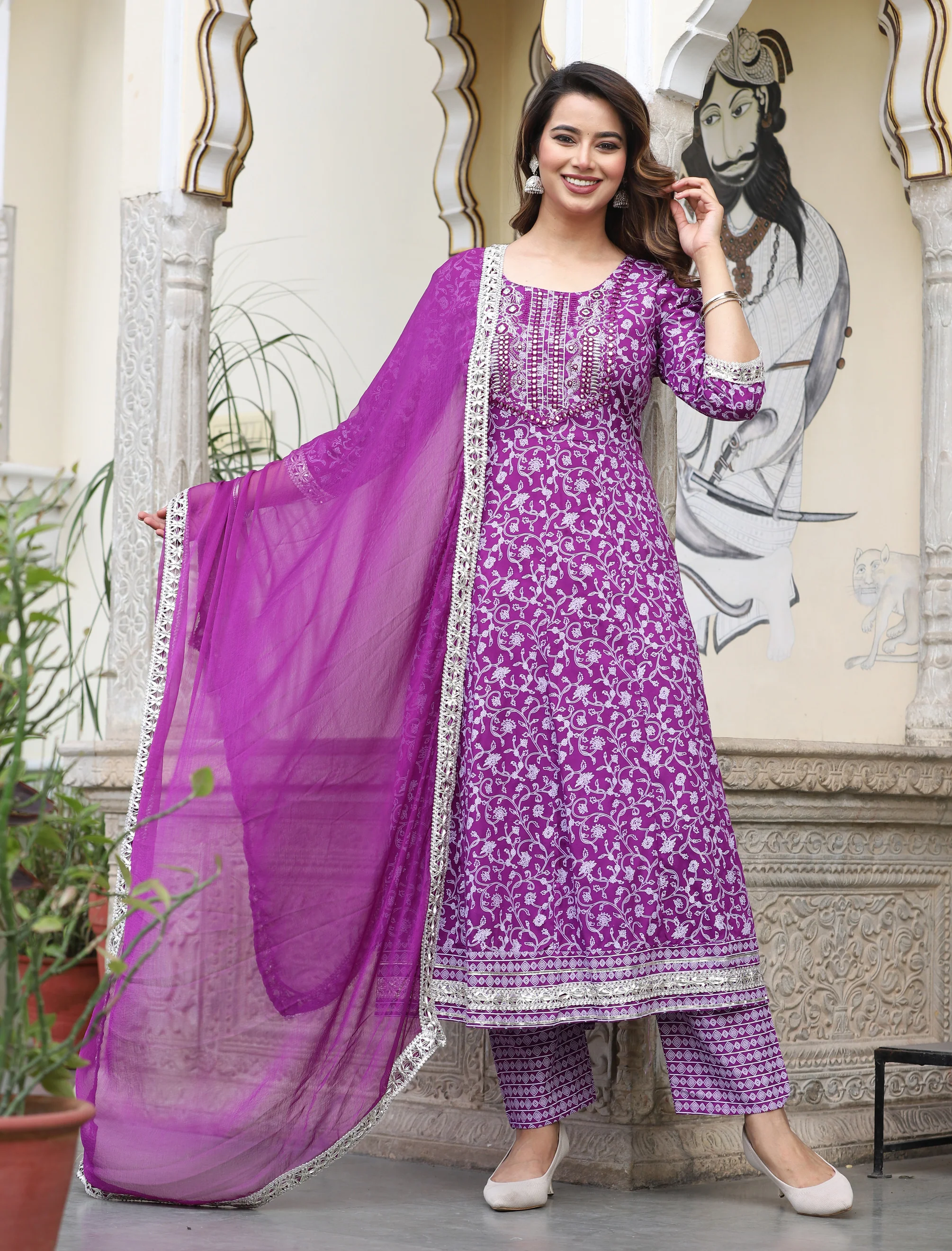 Women's Anarkali Rayon Printed Embroidered Kurta With Pants And Dupatta