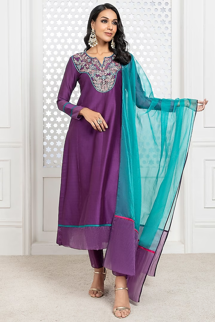 Purple Handwoven Chanderi Hand Embroidered Kurta Set