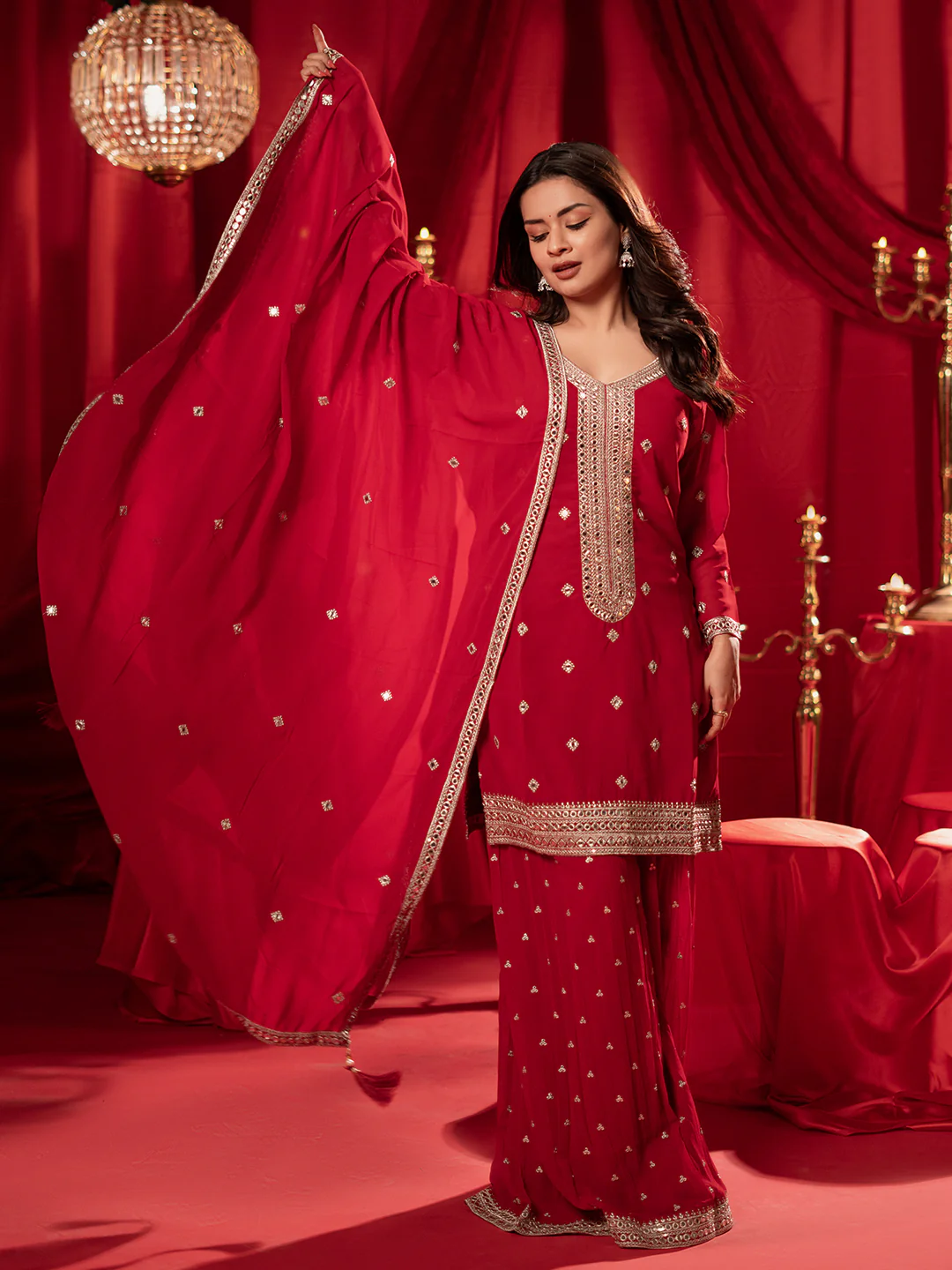 Red Embroidered Georgette Straight Suit With Dupatta