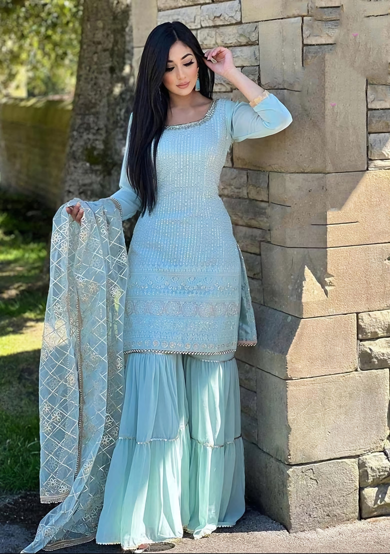 Sky Blue Zari Embroidered Georgette Kurta Set