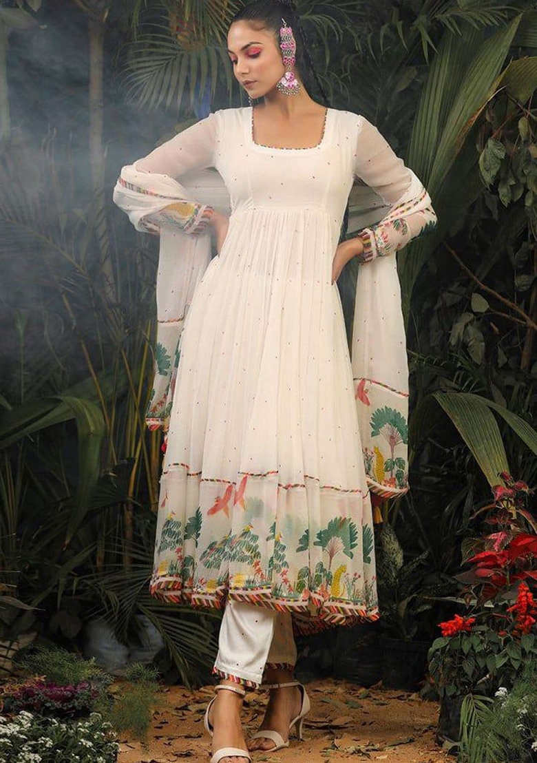 White Floral Print Georgette Kurta Set