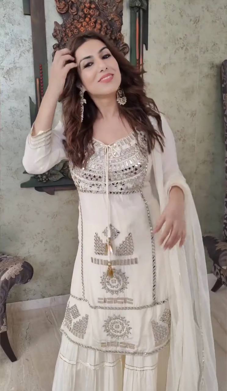 New Designer Party Top Pallazo & Dupatta Set WHITE COLOR