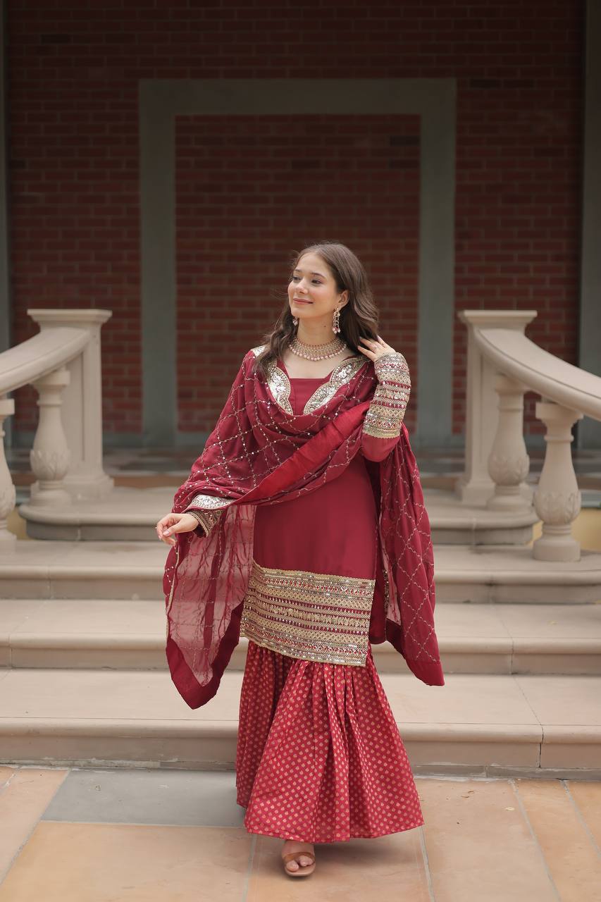 PREMIUM DESIGNER READYMADE TOP-SHARARA-DUPATTA MAROON COLOR