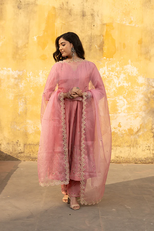 Pink Zari Jaal Embroiered Anarkali Suit Set