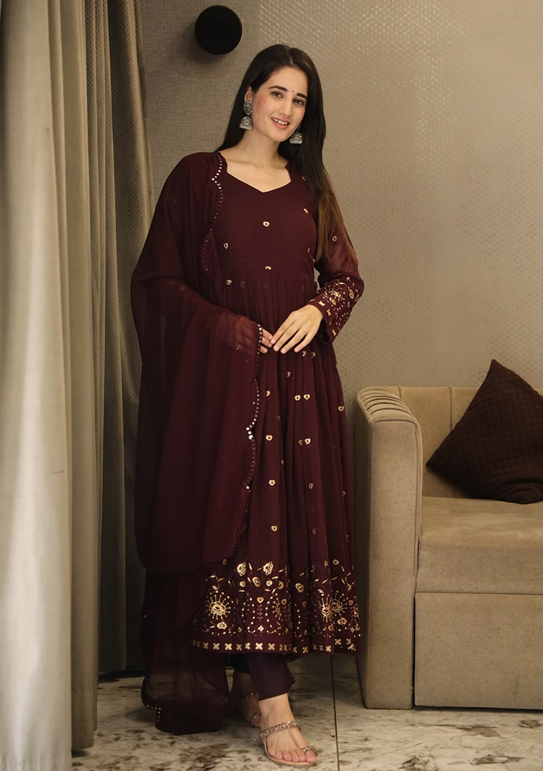 Wine Embroidered Georgette Anarkali Set