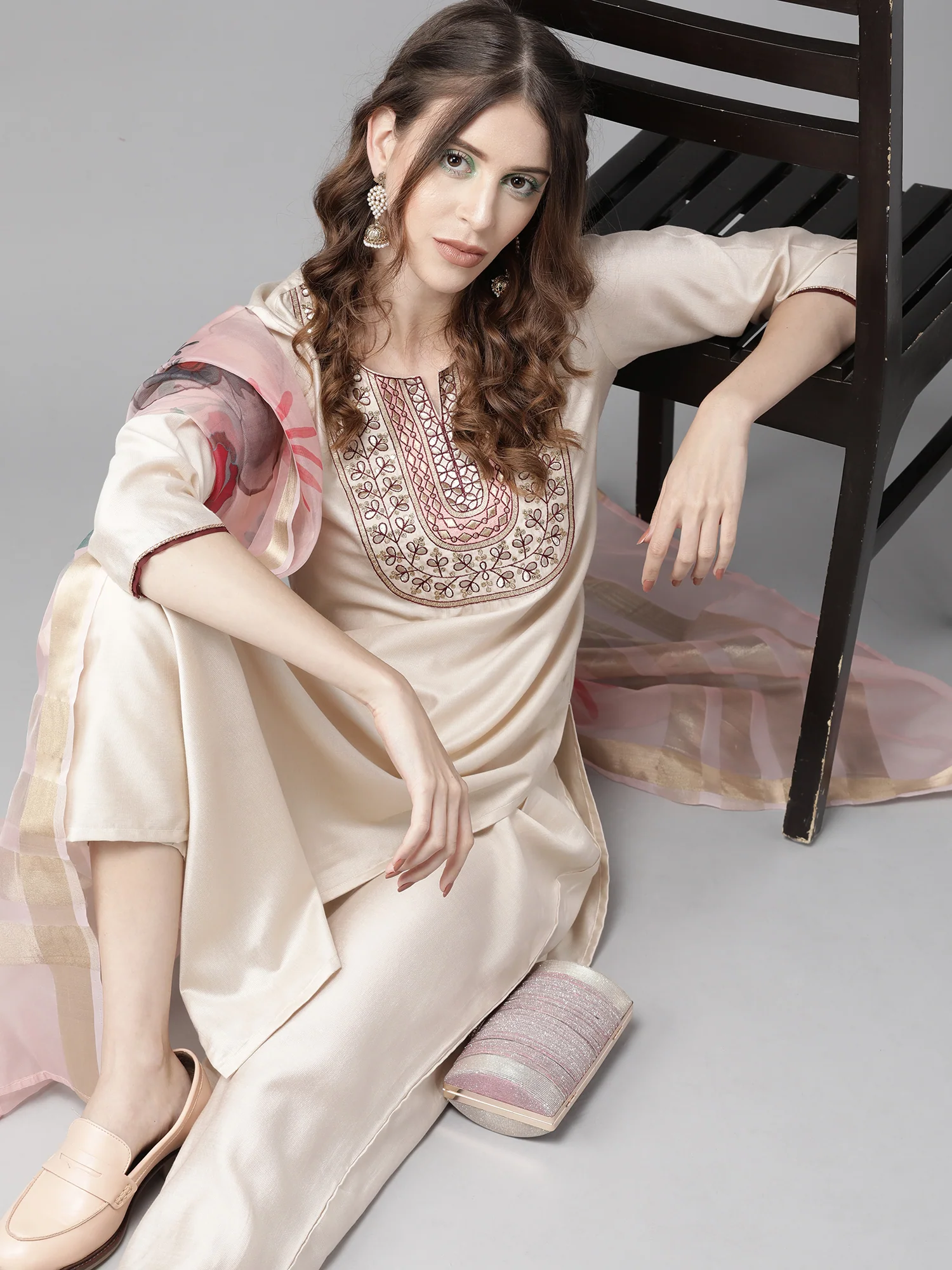 Off White Embroidered Straight Kurta Trouser With Dupatta Set