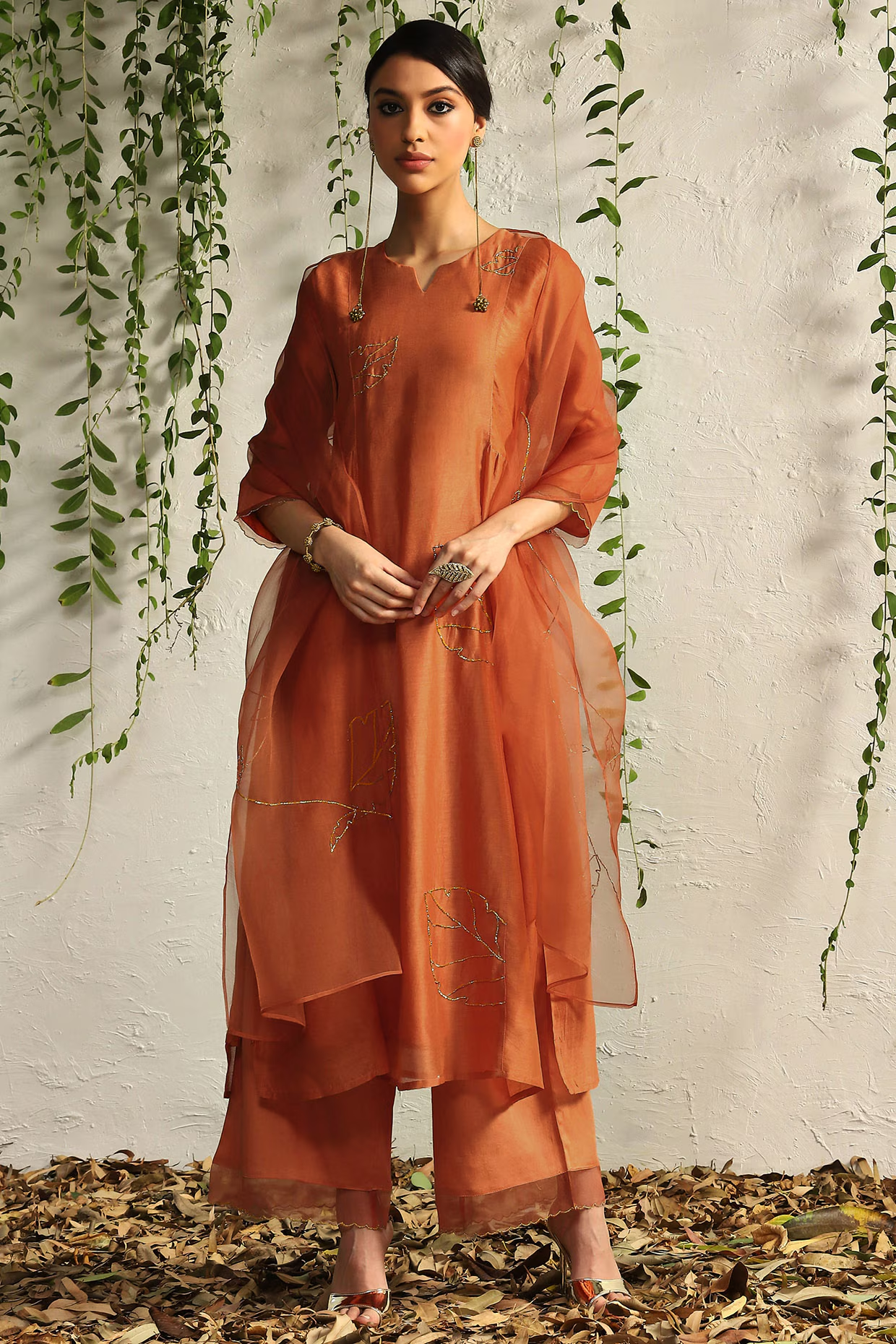 Spice Orange Chanderi Embroidered Kurta Set