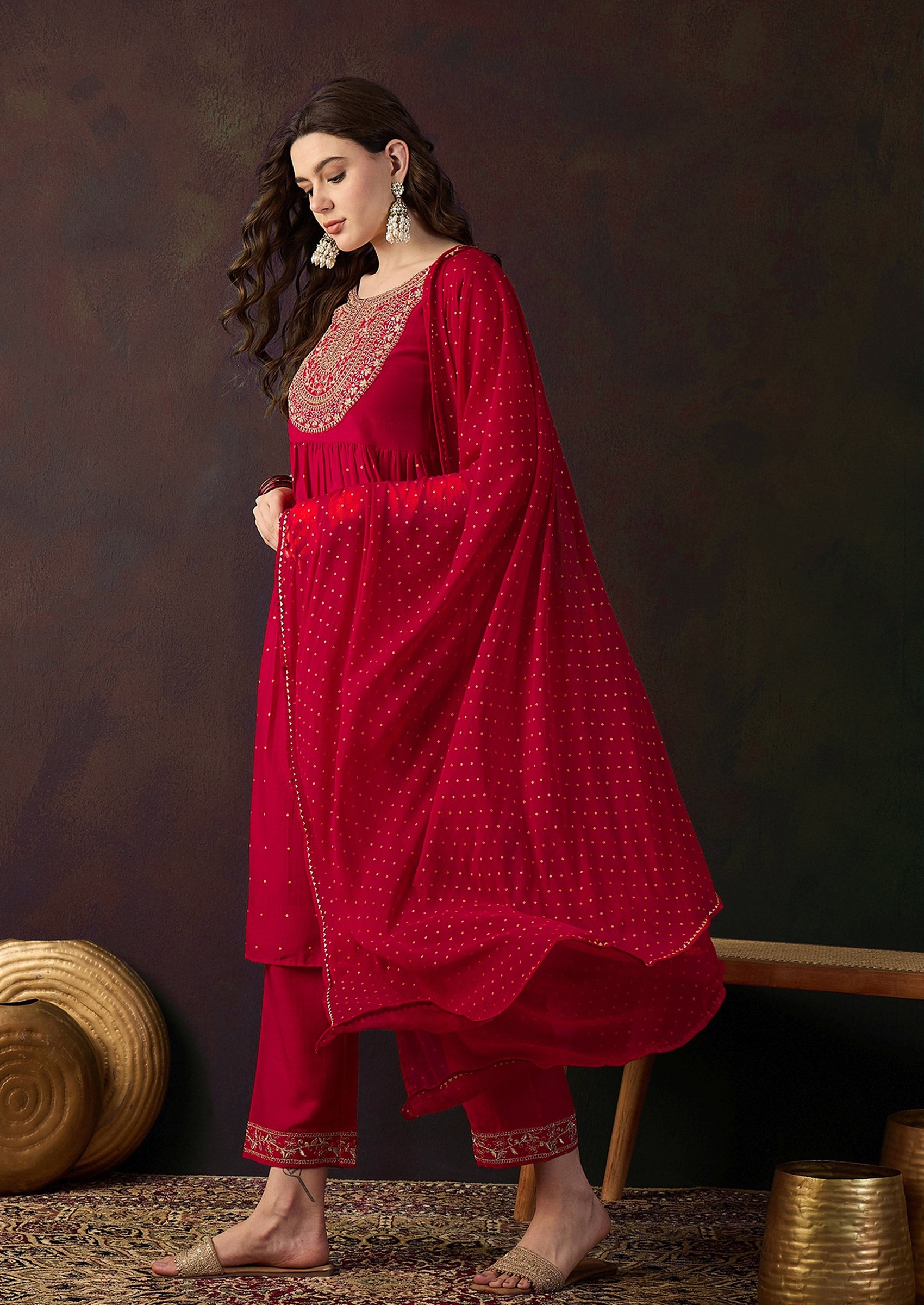 Red Zari Sequin Embroidered Chinon Kurta Set