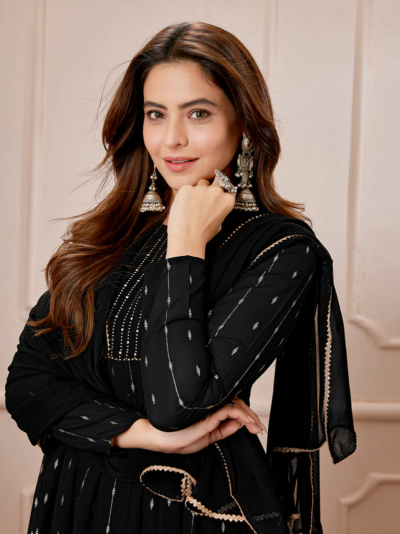 Black Georgette Foil Printed Anarkali Kurta Set