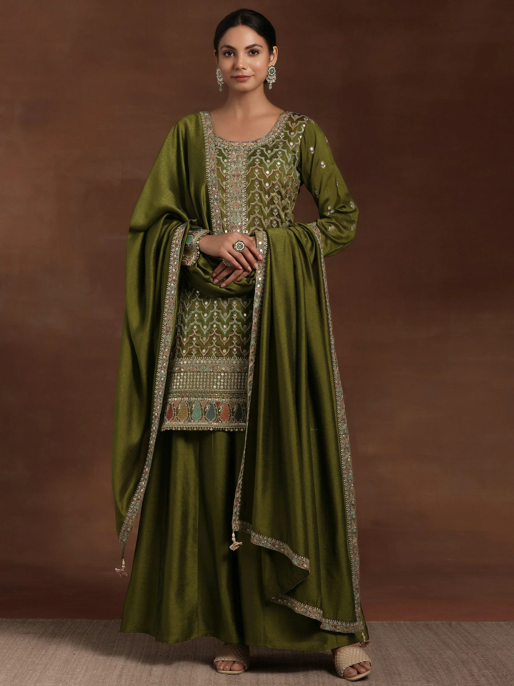 Olive Embroidered Silk Blend Straight Kurta With Palazzos & Dupatta