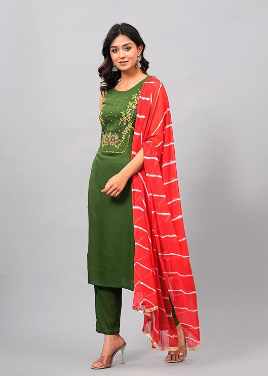 Women's Rayon Embroidered Kurta, Pant and Dupatta Set